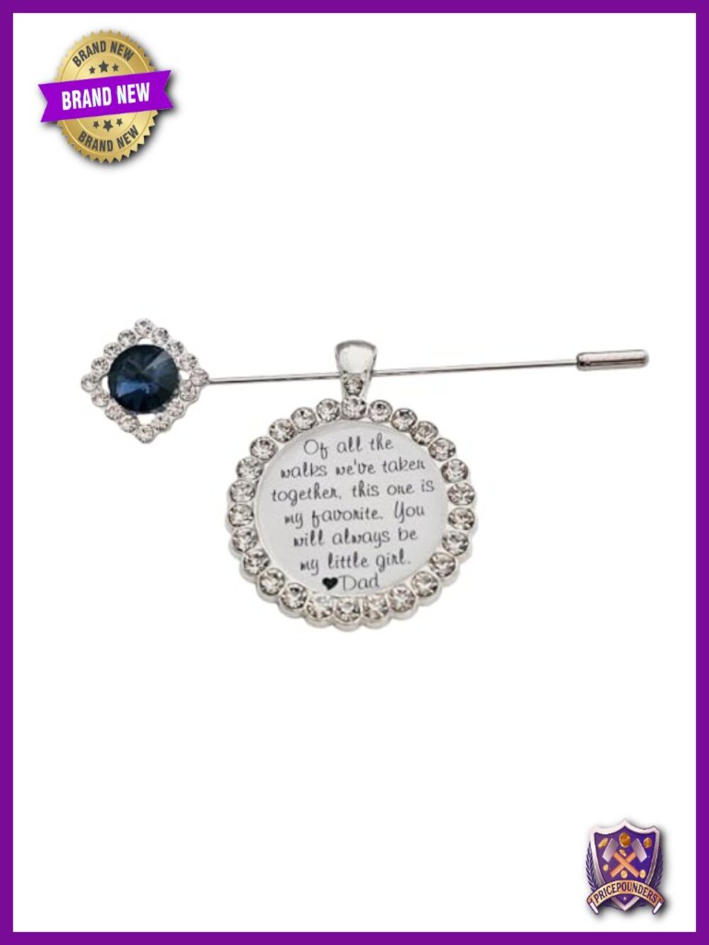 Sapphire Accent Bridal Bouquet Pin Engraved Keepsake Brooch